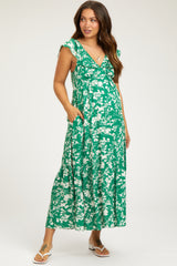 Green Floral Ruffle Maternity Midi Dress