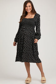 Black Floral Smocked Square Neck Maternity Midi Dress