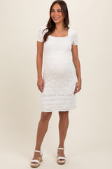 Ivory Crochet Square Neck Short Sleeve Maternity Dress