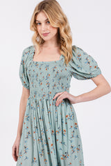 Mint Floral Smocked Short Sleeve Midi Dress