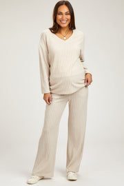 Cream Ribbed Soft Knit Long Sleeve Maternity Pajama Set