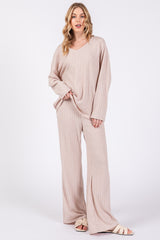 Taupe Ribbed Soft Knit Long Sleeve Maternity Pajama Set