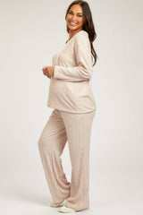 Taupe Ribbed Soft Knit Long Sleeve Maternity Pajama Set