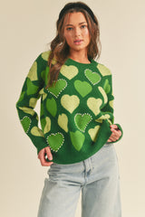 Green Combo Pearl Embellished Heart Sweater