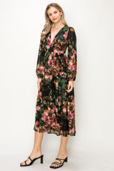 Green Chiffon Floral Long Sleeve V-Neck Maxi Dress