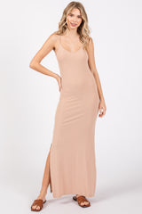 Beige Ribbed Side Slit Maxi Dress