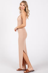 Beige Ribbed Side Slit Maxi Dress