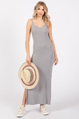 Heather Grey Ribbed Side Slit Maxi Dress