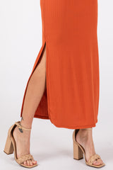 Orange Ribbed Side Slit Maxi Dress