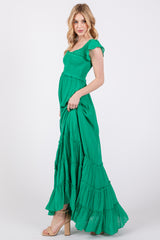 Green Smocked Crossover Off Shoulder Maxi Dress