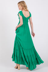 Green Smocked Crossover Off Shoulder Maxi Dress