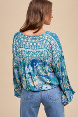 Emerald Teal Surplice Wrap Border Print Blouse