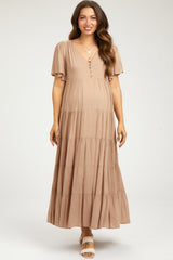 Mocha Button Detail Tiered Maternity Maxi Dress