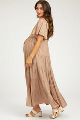 Mocha Button Detail Tiered Maternity Maxi Dress