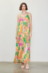 Green Multicolor Leaf Print Pleated Maternity Maxi Dress