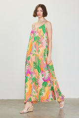 Green Multicolor Leaf Print Pleated Maxi Dress