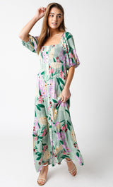 Light Green Floral Front Button Maxi Dress