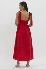 Red Linen Square Neck Shoulder Tie Eyelet Hem Midi Dress