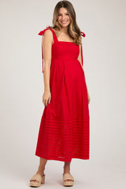 Red Linen Square Neck Shoulder Tie Eyelet Hem Maternity Midi Dress