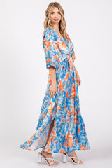 Blue Floral Satin V-Neck Maxi Dress