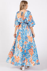 Blue Floral Satin V-Neck Maxi Dress