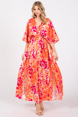 Orange Floral Satin V-Neck Maternity Maxi Dress