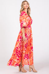 Orange Floral Satin V-Neck Maxi Dress