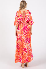 Orange Floral Satin V-Neck Maxi Dress