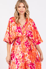 Orange Floral Satin V-Neck Maxi Dress