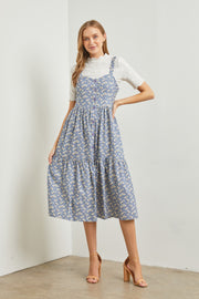 Blue Floral Sweetheart Neck Button Front Ruffle Midi Dress