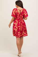 Red Leaf Print Smocked V-Neck Maternity Dress