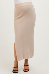 Beige Ribbed Knit Side Slit Maternity Midi Dress