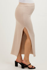 Beige Ribbed Knit Side Slit Maternity Midi Dress