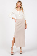 Beige Ribbed Knit Side Slit Midi Dress