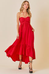 Red Halter Neck High-Low Hem Dress