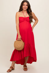 Red Halter Neck High-Low Hem Maternity Dress