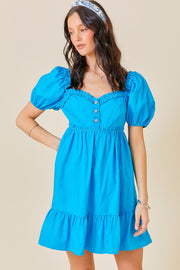 Aqua Puff Sleeve Ruffle Accent Mini Dress