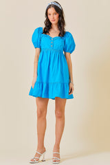 Aqua Puff Sleeve Ruffle Accent Mini Dress