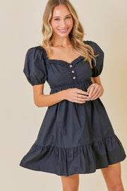 Black Puff Sleeve Ruffle Accent Mini Dress