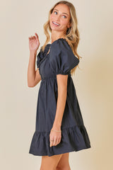 Black Puff Sleeve Ruffle Accent Mini Dress