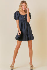 Black Puff Sleeve Ruffle Accent Mini Dress