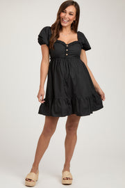 Black Puff Sleeve Ruffle Accent Maternity Mini Dress