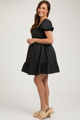 Black Puff Sleeve Ruffle Accent Maternity Mini Dress