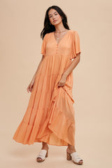 Orange Button Detail Tiered Maxi Dress