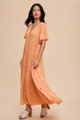 Orange Button Detail Tiered Maxi Dress