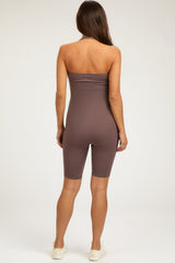 Brown Ribbed Fitted Halter Maternity Romper