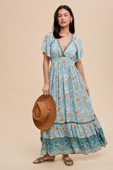 Light Blue Floral Flounce Sleeve Maternity Maxi Dress