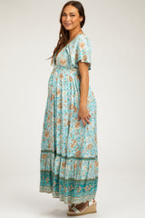 Light Blue Floral Flounce Sleeve Maternity Maxi Dress