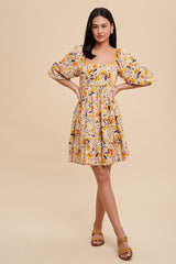 Cream Floral Print Puff Sleeve Dress