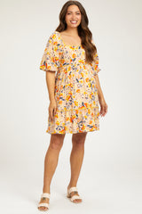 Cream Floral Print Puff Sleeve Maternity Dress